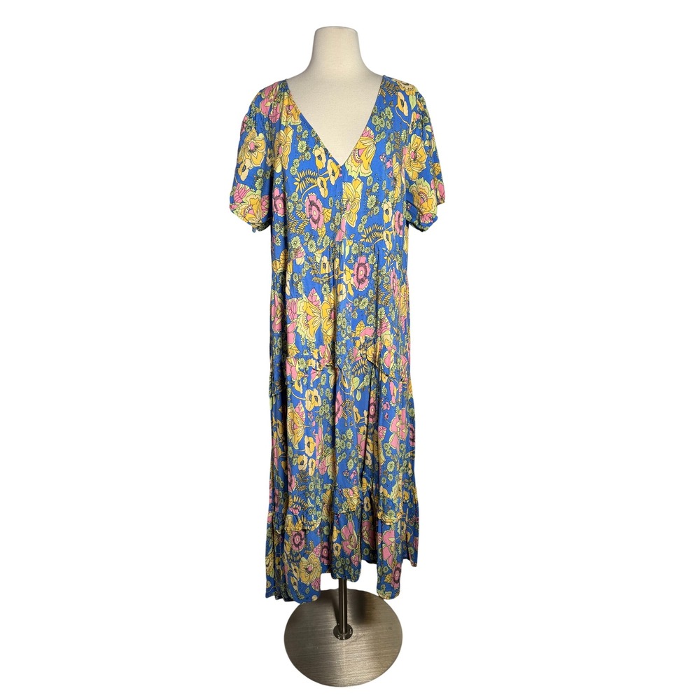 Rusttydustty Women 2XL Blue Floral Tiered Maxi Dress V-Neck Short Sleeve